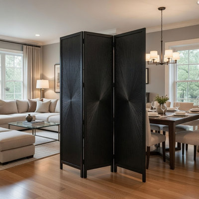 Cava 3 Panel Folding Room Divider Screen, Sunburst Design, Black Mango Wood, 72" H
