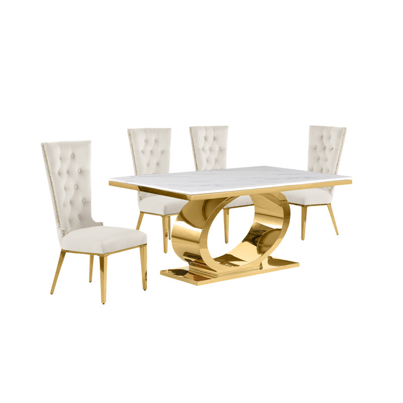 7 pièces Ensemble repas, 5, Crème / doré, Or
