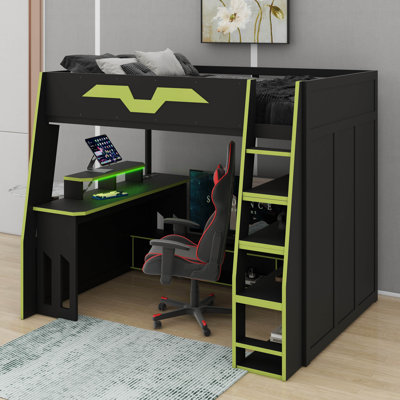 Lit mezzanine en bois avec bureau et tablettes à plusieurs rangements, lit mezzanine avec lumières DEL RVB et bureau réglable
