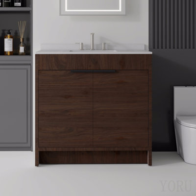Meuble-lavabo autoportant de 91 cm avec lavabo, porte à fermeture amortie, comptoir et dosseret en marbre reconstitué blanc granit de 1,5 cm, contreplaqué, brun