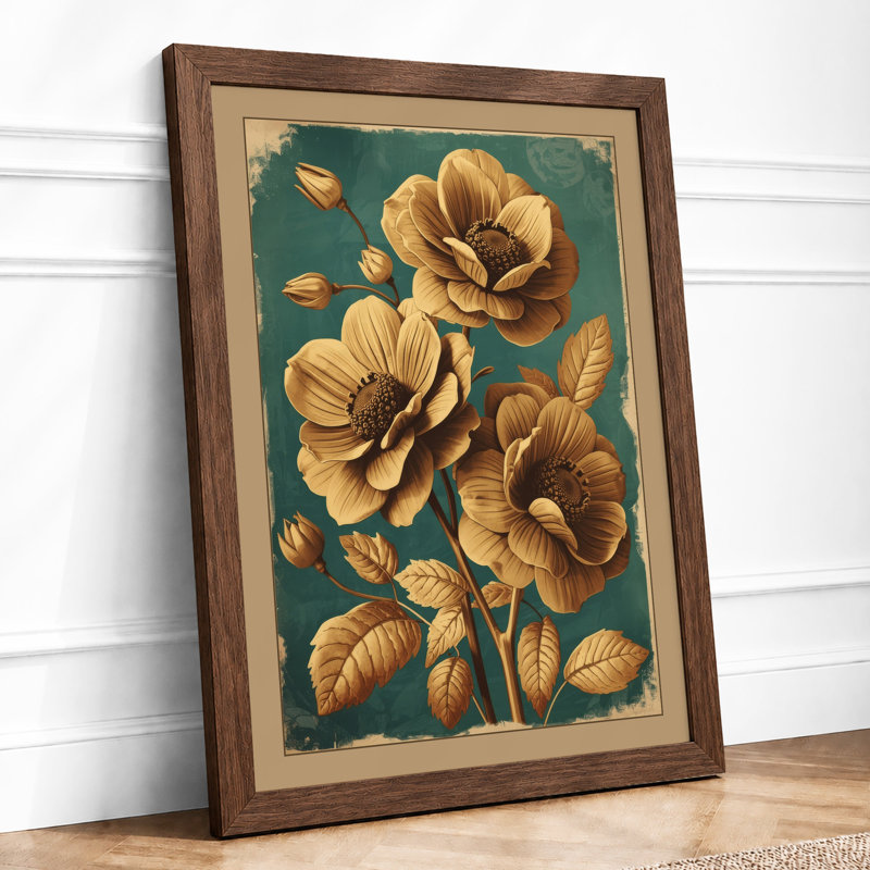 Golden Peonies Botanical - Framed Print, A1 - 84.1 x 59.4 cm, Walnut