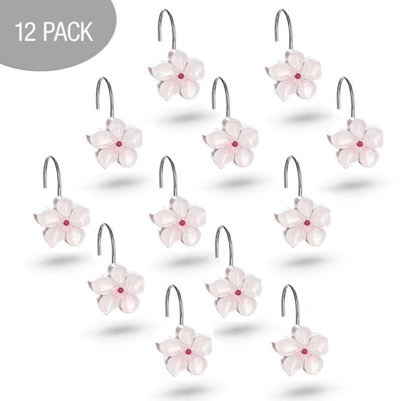 Vanda White and Pink Floral Resin Shower Curtain Hooks Set
