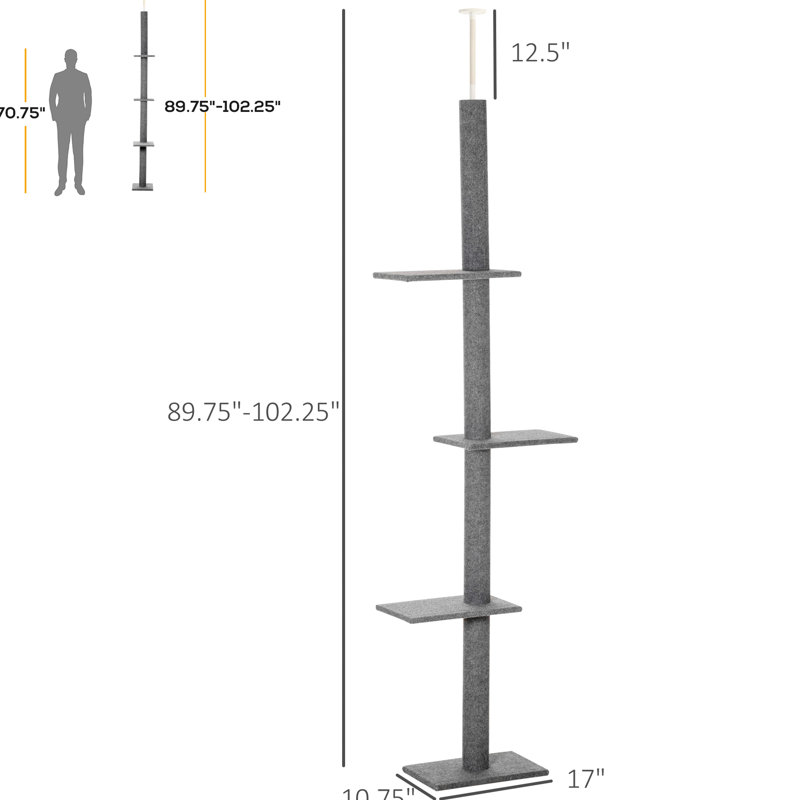 Arbre à chat de 8,5 pi de hauteur, plancher-plafond réglable avec poteaux à griffer et plateformes confortables pour les activités de chaton, structure d'escalade grise, chatons de tringle sécurisés