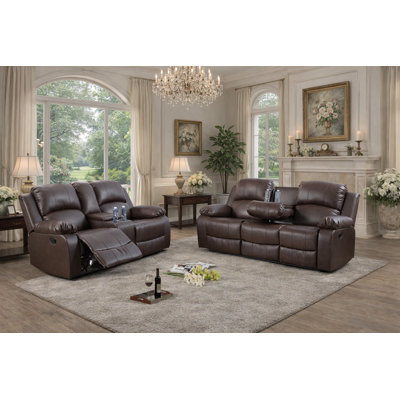 Brown Faux Leather 2-Piece Reclining Living Room Set With Cup Holders