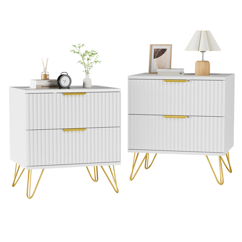 Fluted Nightstand With 2 Drawers, White