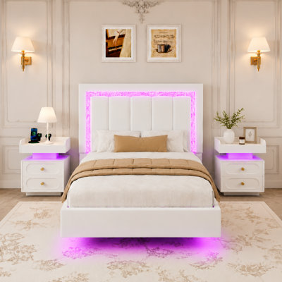 Ensemble de lit plateforme intelligent avec table de chevet moderne à DEL 2 pièces - Ensemble de chambre à coucher lumineuse 3 pièces