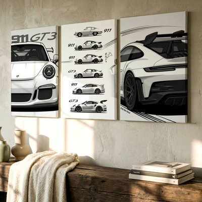 3 pièces d'art mural grand format mettant en vedette l'évolution de la voiture de sport en monochrome, trois pièces d'art mural pour le salon, la chambre à coucher et le bureau, prêtes à être accrochées