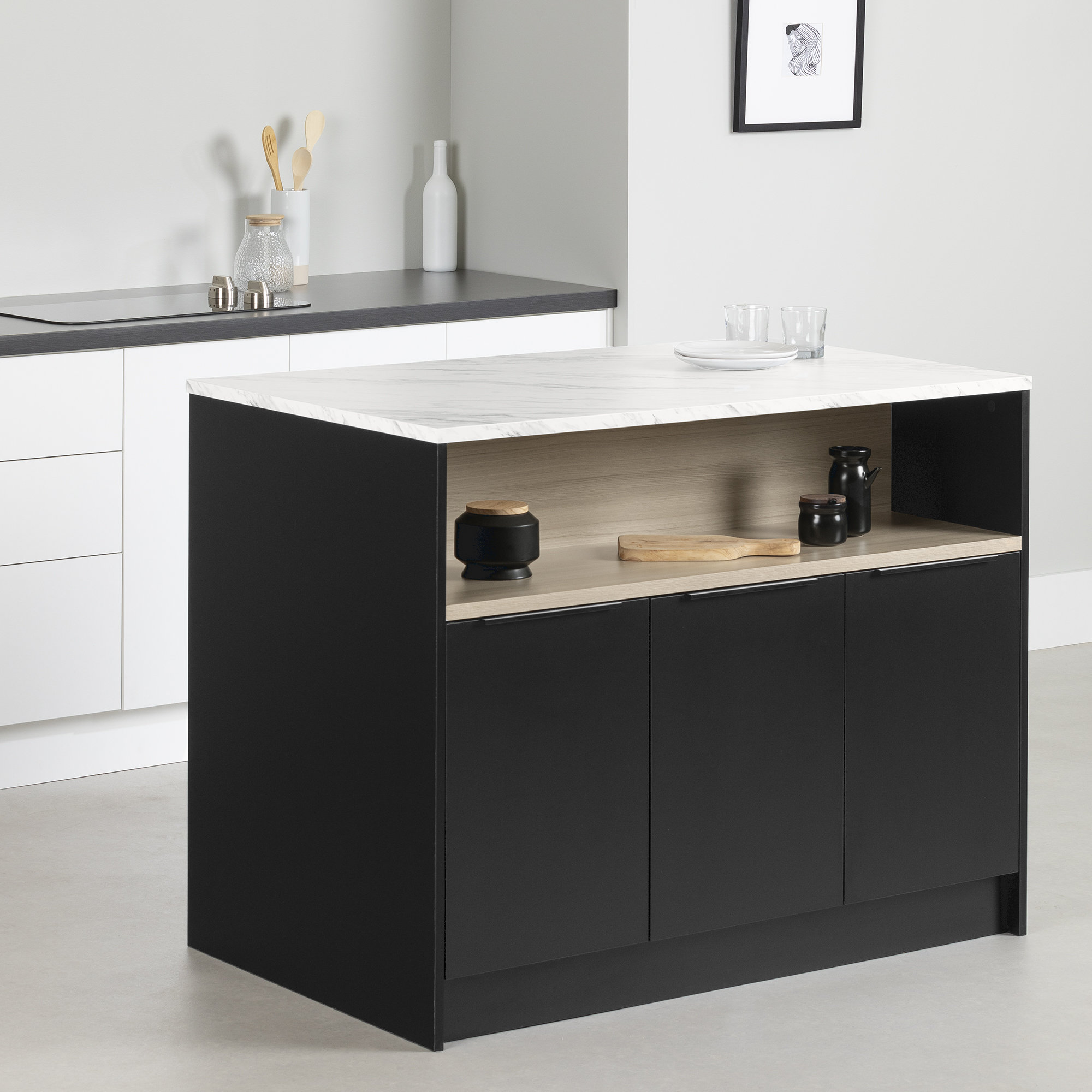 South Shore Olio Kitchen Island Matte Black and Faux White Marble ...