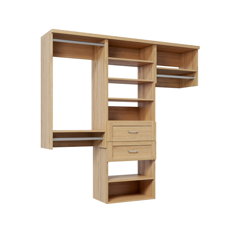 Natural Oak  76.5" Wall-Mounted Single Wall Closet System with 3 Sections, 3 Clothing Rods, 7 Shelves & 2 Shaker Drawers
