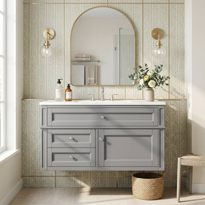 36 inch MDF Wall-Mounted Bathroom Vanity Gray Soft-Close Integrated Ceramic Glossy White Includes Drawers & 3-Hole Single Ceramic Sink