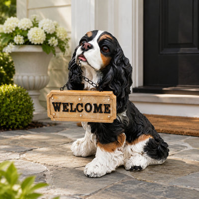 13" Hand-Painted Tricolor King Charles Spaniel Resin Garden Statue with Solar Light and Double-Sided Welcome Sign