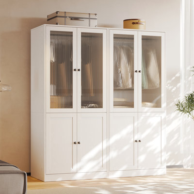 20" D Armoire Wardrobe Closet With Fluted Glass, 71" H Clothing Storage Cabinet With Hanging Rod And Soft-Close Doors