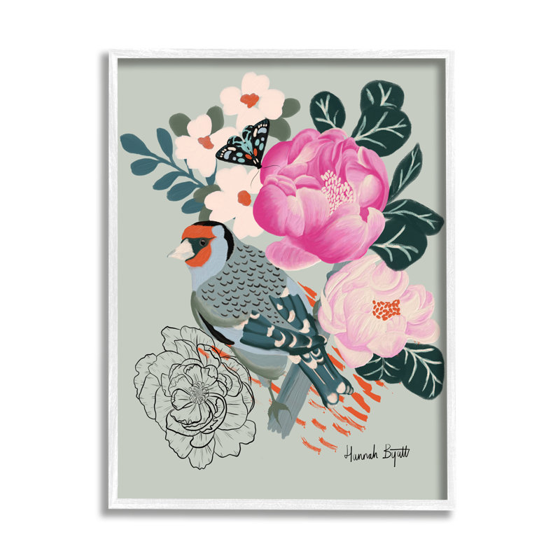 Oiseau et pivoines sur toile verte par Hannah, impression, H 14 po x l 11 po x P 1,5 po, Giclée encadrée blanc bord de mer