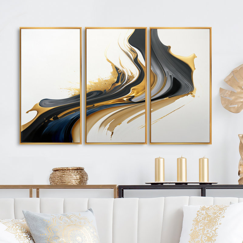 Noir, blanc et or liquide Art II - ensemble d'art mural moderne sur toile, H 28 po x l 36 po x P 1 po, Encadrement doré