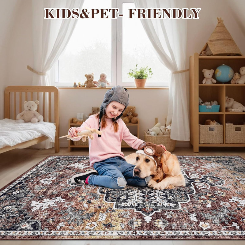 Thin Washable Runner Rug 2x6 Non-Slip Non-Shedding Vintage Hallway Runner Stain-Resistant Indoor Entryway Brown/Red