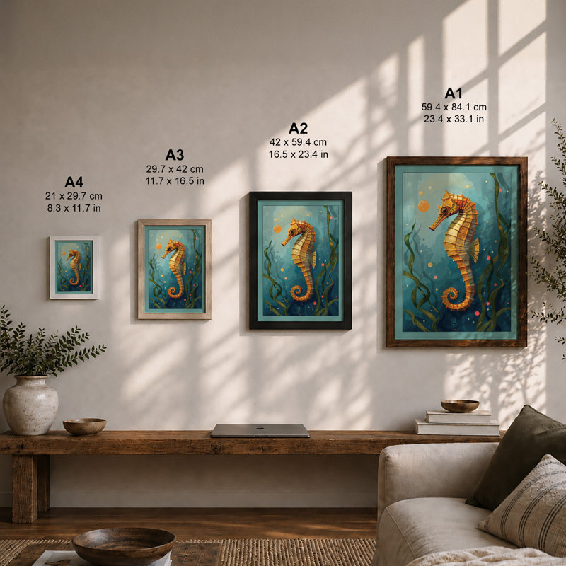 Striped Seahorse Coastal - Framed Print, Unframed, A3 - 42.0 x 29.7 cm