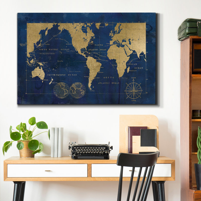 " Indigo World Map ", 60" H x 40" W x 1" D