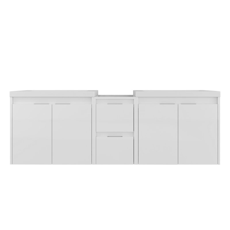 Meuble-lavabo 60 po avec lavabo en résine, portes à fermeture en douceur et armoire à 1 côté, montage flottant, blanc brillant, contreplaqué - 24 po x 2 + 12 po