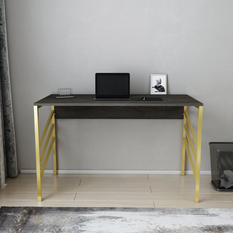 Metal Base Writing Desk, Dark Brown/Gold