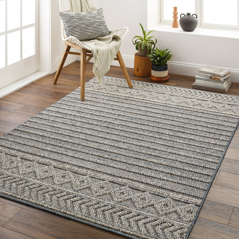 Japneet Ingrid Striped Denim Indoor/Outdoor Area Rug, Rectangle 2' x 3'