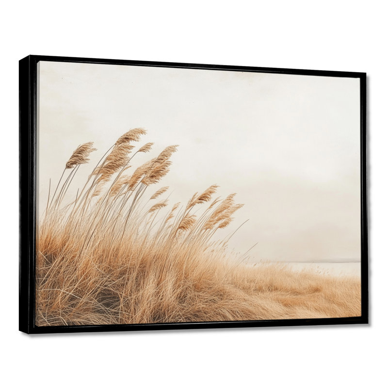 «Coastal Pampas Grass II - Gray Nature», art mural encadré, H 16 po x l 32 po, Cadre flottant noir