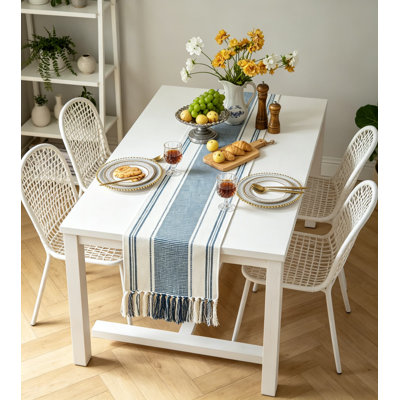 Table Runner With Tassels For Modern Farmhouse Decor, Natural Woven Cotton Dining Table Runner For Home Décor, Classic Striped Design