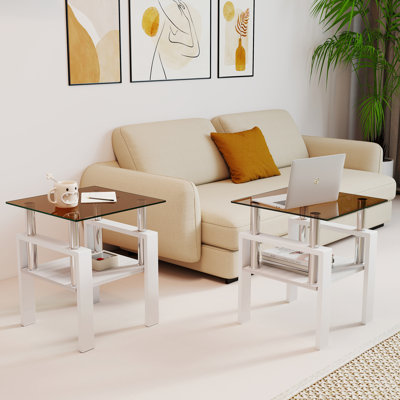 Set Of 2 Modern Transparent Tempered Glass Top&black Base Legs End Table