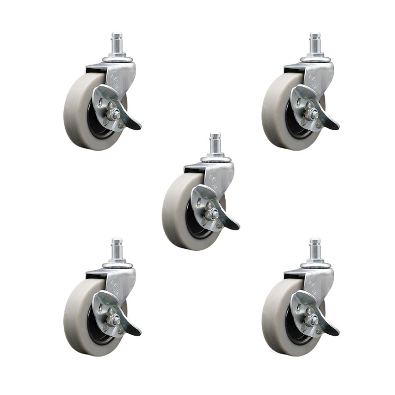 3 Inch Thermoplastic Wheel 7/8 Inch Grip Ring Stem Caster with Brakes Set of 5