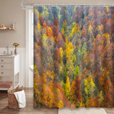 Rideau de douche multicolore multicolore, jaune, orange, vert, feuillage d'automne avec 12 crochets