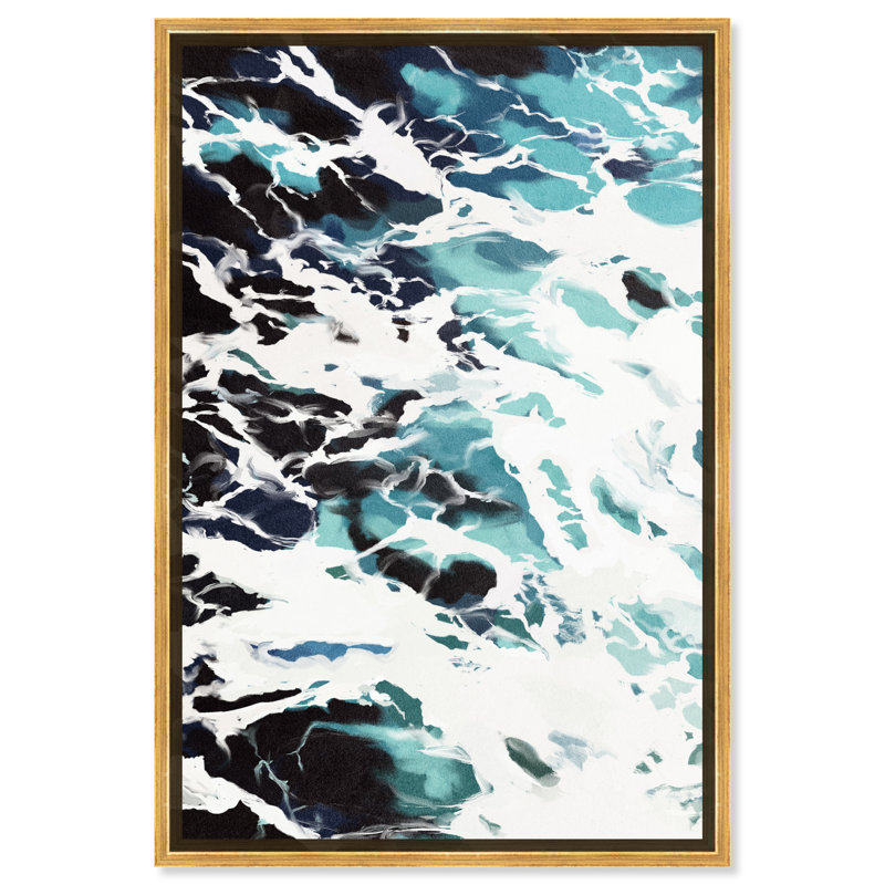 Marée, vagues de l'océan bleu côtier - Peinture, Cadre flottant en plastique doré, H 45 po x l 30 po x P 1,75 po