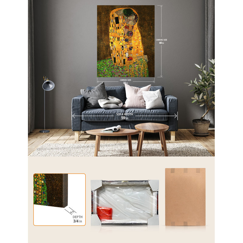 Le baiser de Gustav Klimt. Reproduction d'art classique. Estampe numérique sur toile, art mural, H 32 po x l 40 po