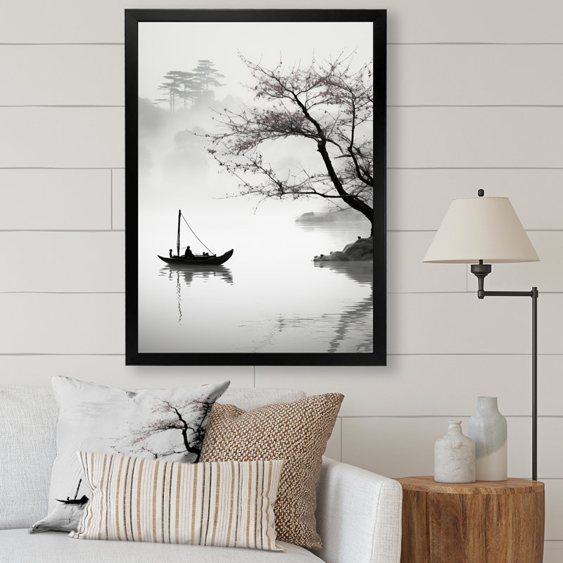 Art asiatique, bateau, monochrome, Toile encadrée noire simple, H 40 po x l 30 po x P 1,5 po