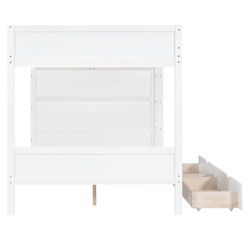 Lit superposé à espace optimisé avec tiroirs et armoire, blanc et confortable pour un usage quotidien
