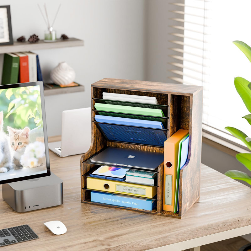 Porte-papier en bois à 7 niveaux avec range-documents et tablettes réglables
