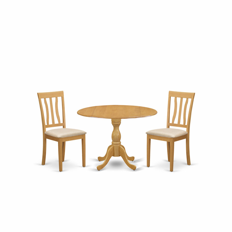 3 Piece Kitchen Table Set for Small Spaces Contains a Round Dining Room Table with Dropleaf and 2 Linen Fabric Upholstered Chairs, 42x42 Inch, Oak