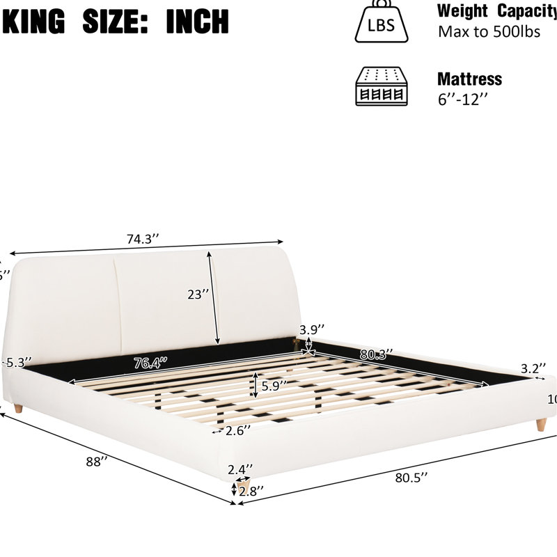 Structure de lit tapissier blanc très grand avec matériau en lin, pieds en bois d'hévéa massif, structure encastrée élégante et conception facile à installer avec mélange de coton, structure centrale en métal robuste, rapide
