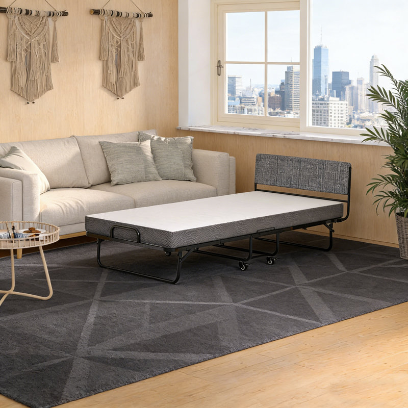 Lit d'invité pliant simple pliable avec tête de lit en lin et matelas en mousse viscoélastique de 5 pouces, lit pliant portatif en métal robuste, lit peu encombrant pour chambre d'amis, bureau à domicile, camping et soins à domicile