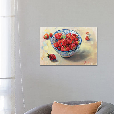 Strawberries in a Blue White Cup 1 Piece Wrapped Canvas Painting
