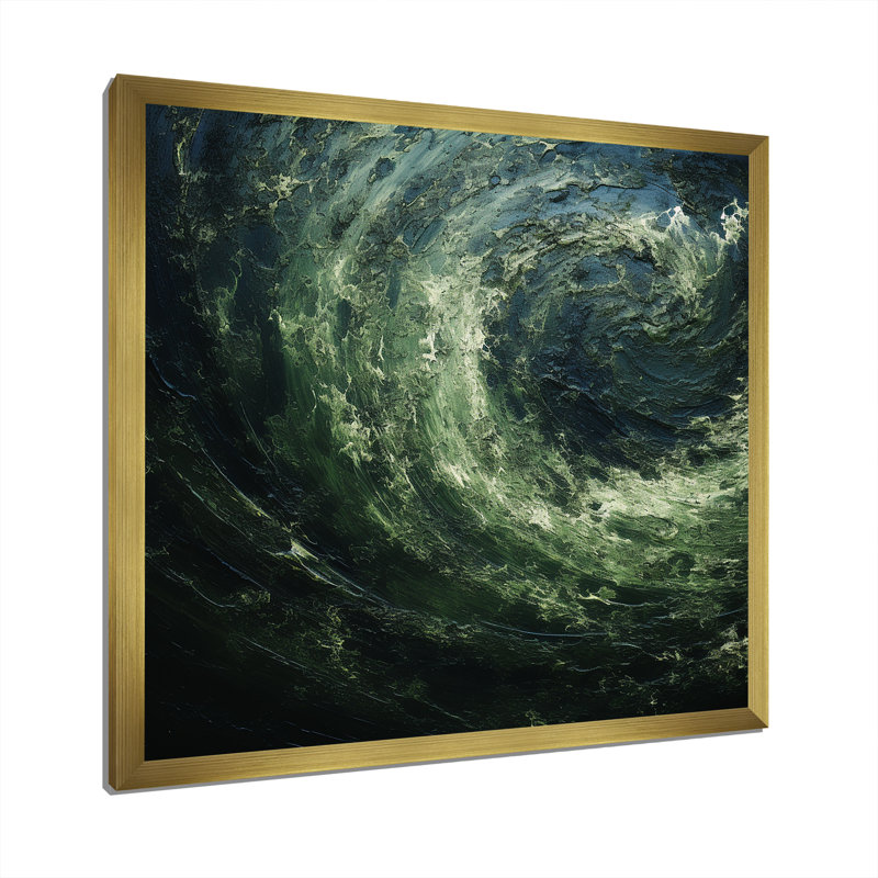 «Green and Black Abstract Spiral Waves», art mural abstrait, Cadre doré simple, H 16 po x l 16 po x P 1 po