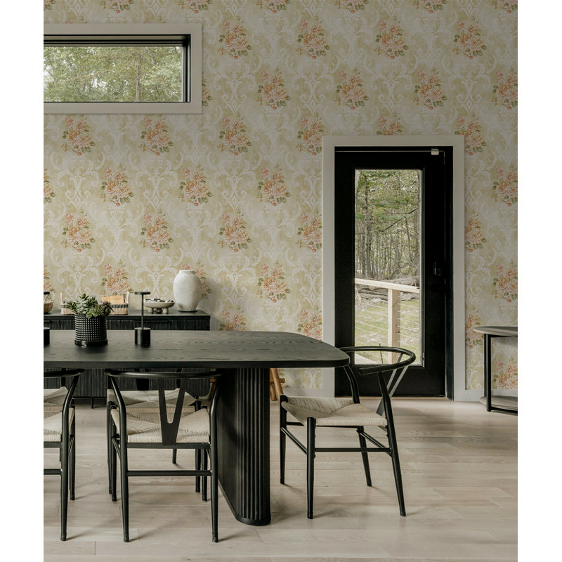 Papier peint damassé à motif floral champagne et crème Eryn de Seabrook Designs, Brun clair; orange