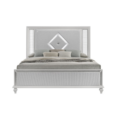 Stacy King Bed, Headboard With LED Lighting, Silver Upholstery, White