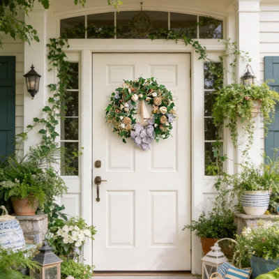 Couronne de coquillage de printemps pour la porte d'entrée, couronne de coquillage avec verdure et roue de bateau en bois pour l'intérieur et l'extérieur