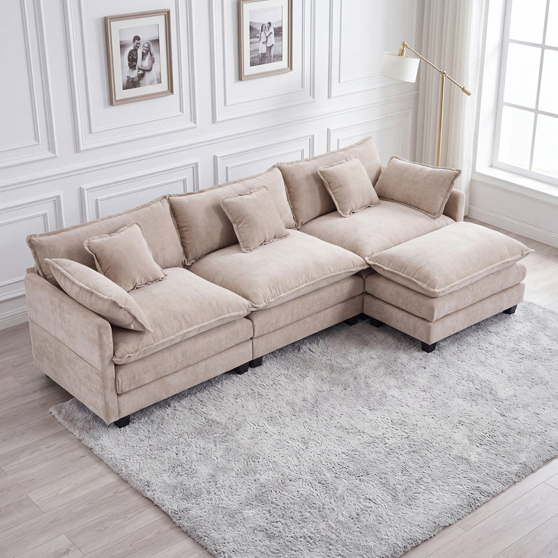 108" Chenille Modular Sectional Sofa with Ottoman, Deep Seat L-Shaped Couch with Side Pockets & 5 Pillows, Khaki Chenille