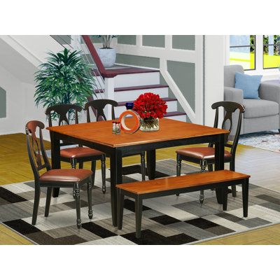 6 Piece Modern Dining Table Set Contains a Square Wooden Table with Butterfly Leaf and 4 Faux Leather Dining Chairs with a Bench, Black & Cherry