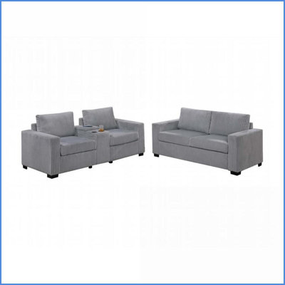 Canapé 2 pièces gris clair Ensemble de causeuse avec console, porte-gobelets et station de charge - Canapés de salon contemporains en velours côtelé large | Gris clair | Velours côtelé | Accoudoirs carrés