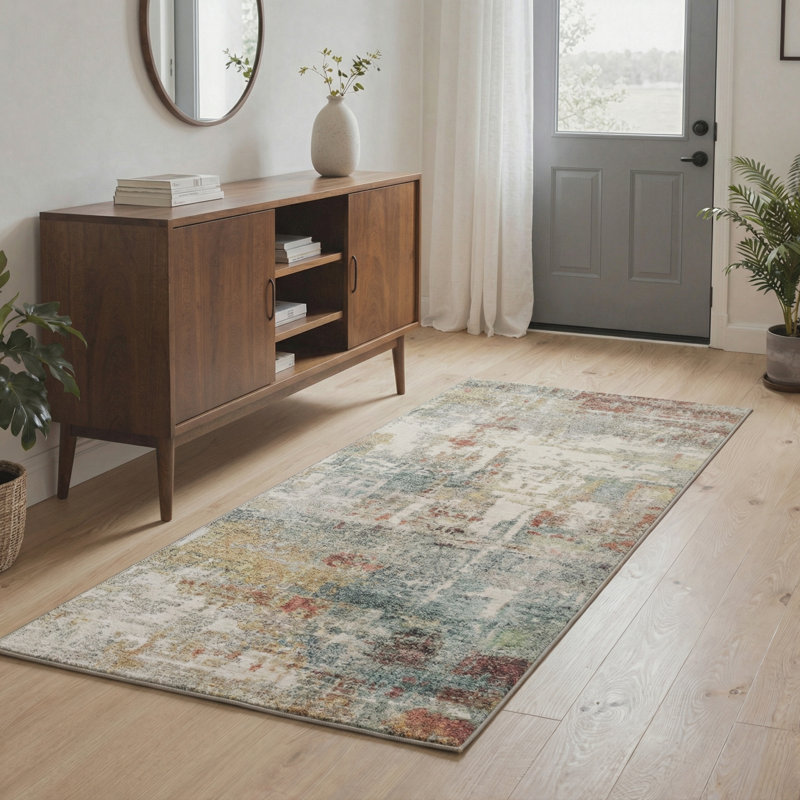Pavelina Abstract Machine Washable Mosaic / Ivory White Indoor Area Rug With Non-Slip Backing, Runner 2' x 6'