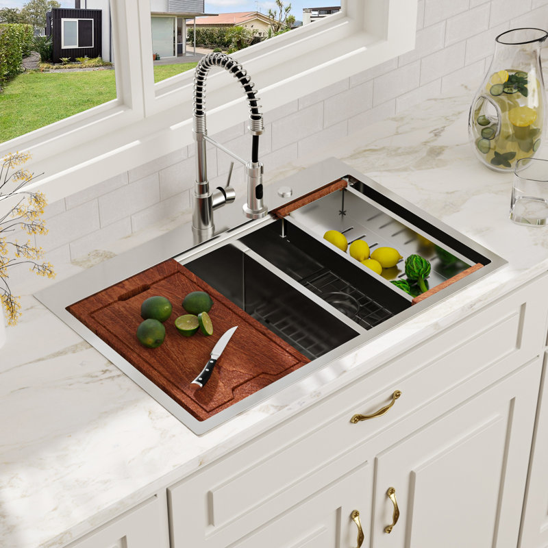 36" L x 22" W Drop In Double Bowl Kitchen Sink Workstation Low-Divide 60/40 Stainless Steel Sink