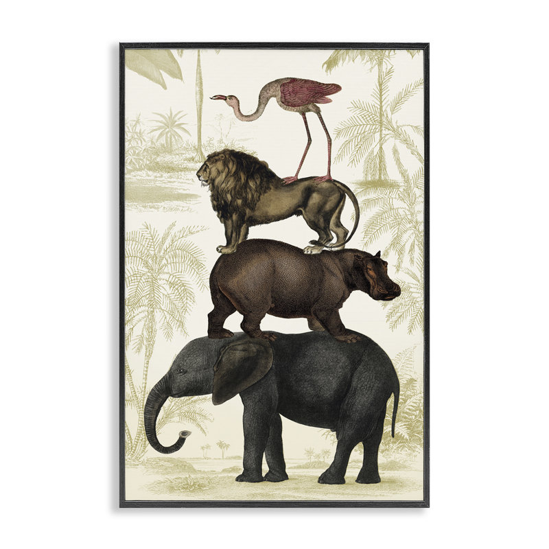 Jungle Animals Tower, estampe numérique, design par Victoria Barnes, H 18 po x l 12 po, Giclée encadrée noir minuit