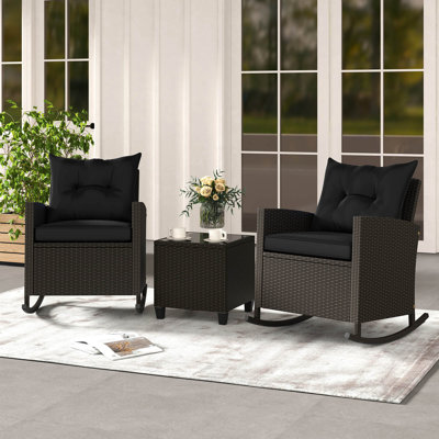 3 PCS Patio Wicker Rocking Set with Tempered Glass Table & Soft Cushions Outdoor