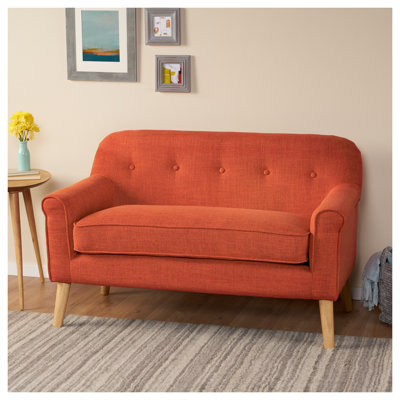 Mid-Century Modern Loveseat Sofa with Rolled Arms and Button Tufted Backrest - Compact Orange Fabric Couch for Living Room & Bedroom
